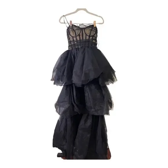 NBD Paula Corset Gown Strapless Tulle Hi-Low Tiered Ruffle Skirt Black Size XS